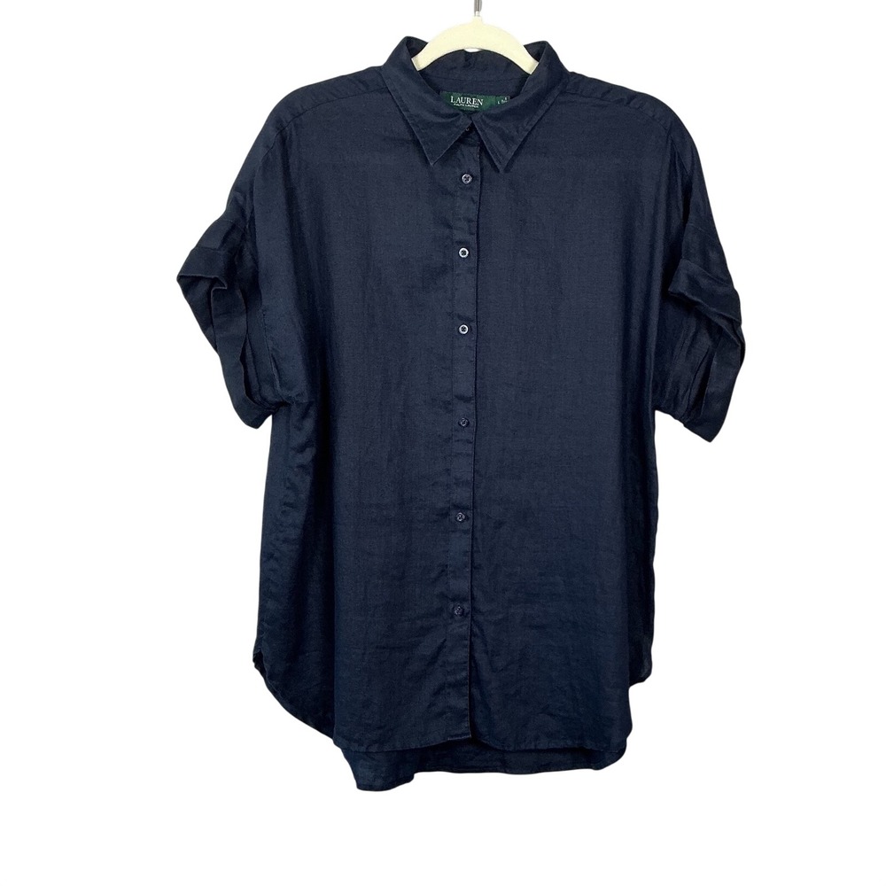Lauren Ralph Lauren Navy Blue 100% Linen Short Sleeve Button Down Shirt L